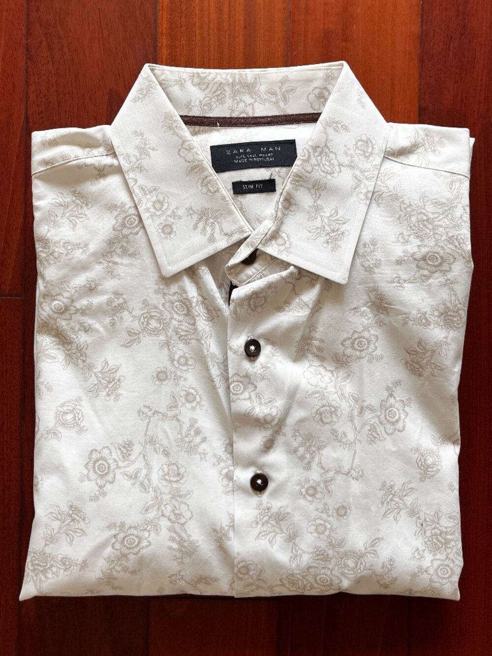 ZARA Man Slim Fit Cream Floral Pattern Button Down Shirt Mens M